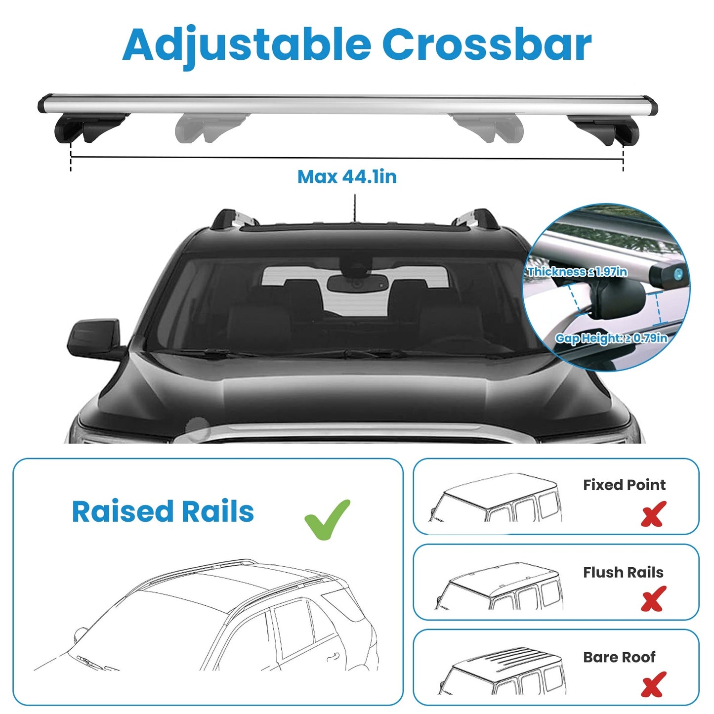 1 Pair Car Roof Rack Cross Bars Aluminum Cargo Carrier Rooftop Crossbars Luggage Roof Rack Bar With 176lbs Max Load Fits Most Vehicles With Existing Raised Side Rails With Gap